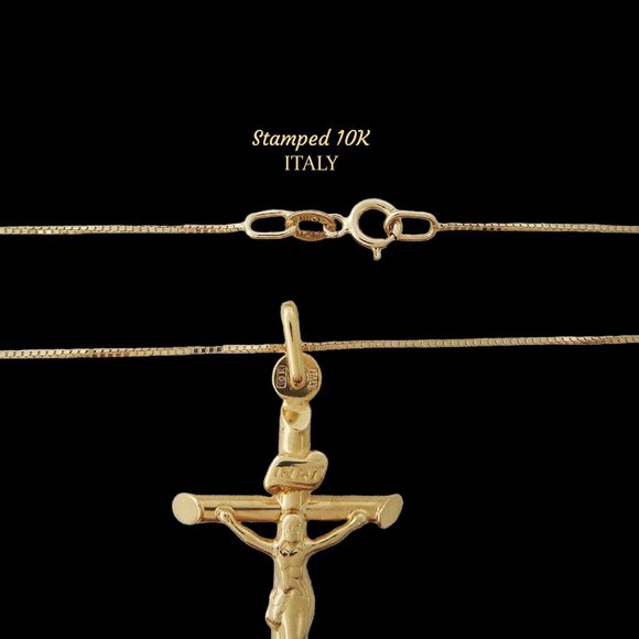 10K Gold Crucifix Pendant Necklace, Real Gold Cross Necklace Stamped 10K Italy - Picture 2 of 6
